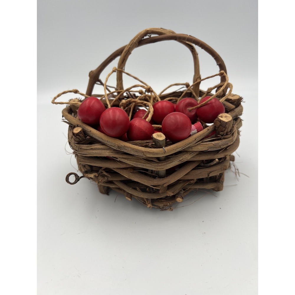 Hand Woven Rustic Hanging Twig Basket w/ Wooden Cherries Primitive Farmhouse
